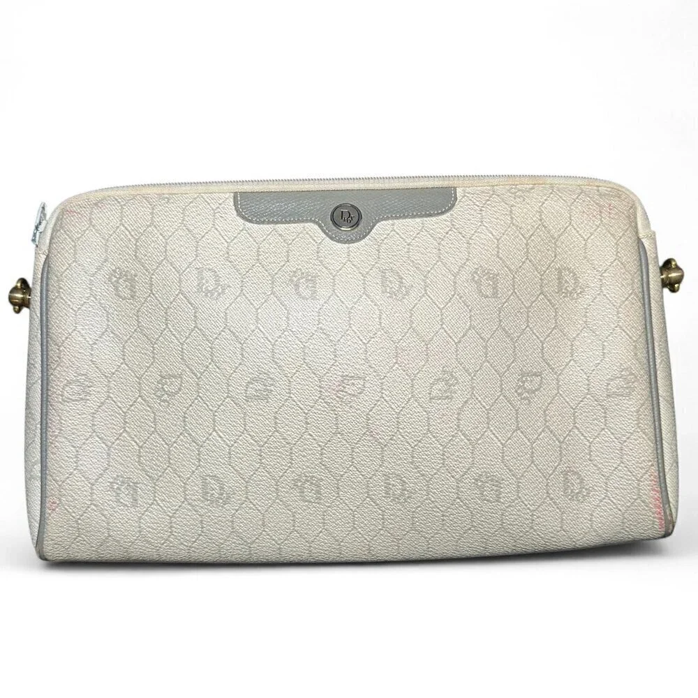 Christian Dior Honeycomb Coated Canvas Makeup Pouch Clutch - White/Cream, Grey